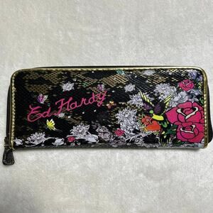 Ed Hardy Clutch Wallet Women's Black Floral Roses Butterflies Zipper Gold Mint